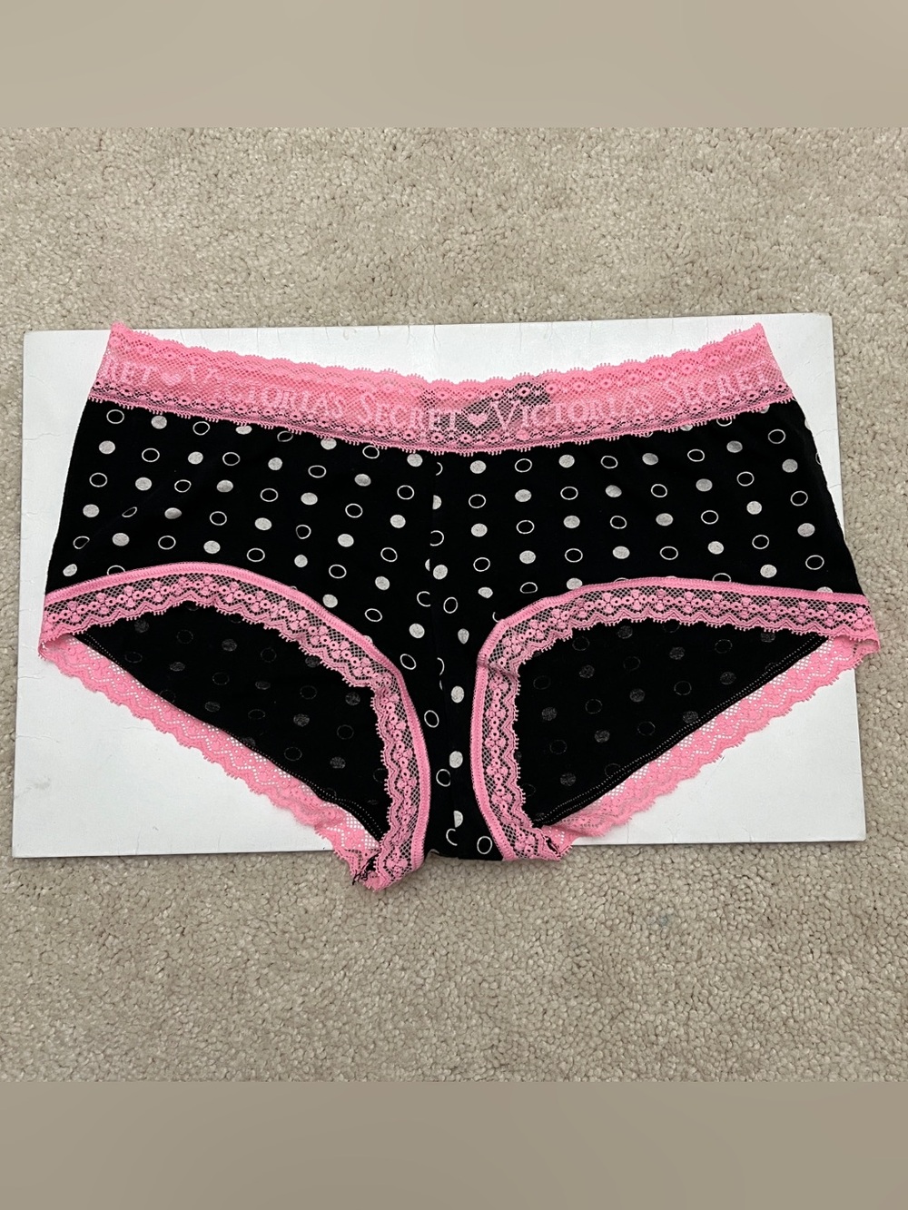 2012 Victoria’s Secret Polka Dot Cotton Pink Lace Trim Boyshort Panties Medium M